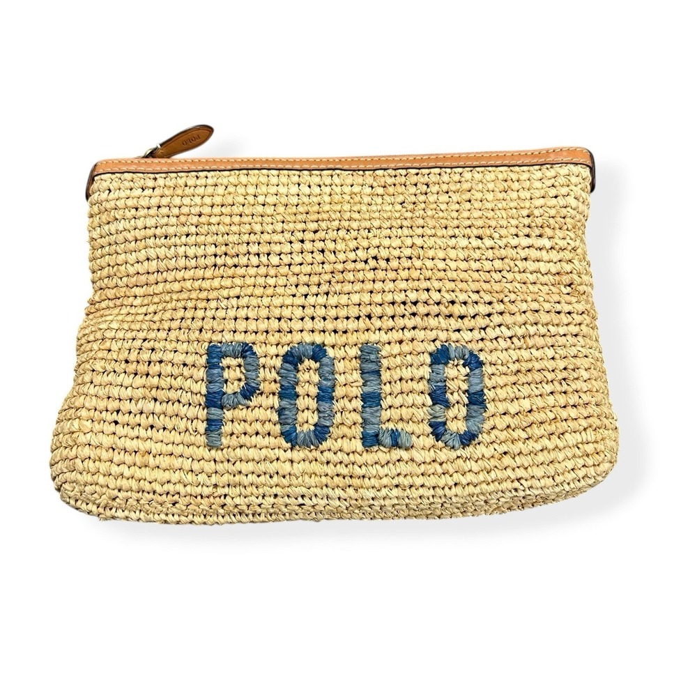 NEW Polo Ralph Lauren Natural Raffia Cow Leather Pouch Wallet Clutch Small Zip - Picture 12 of 13